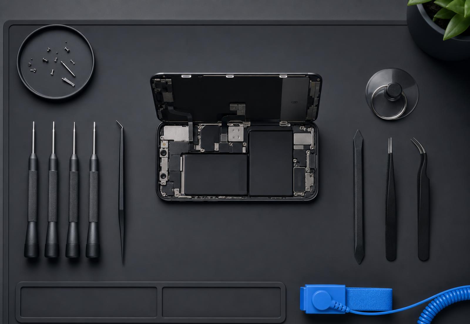 Overhead view of a repair bench with precision tools, anti-static mat and a phone mid-repair