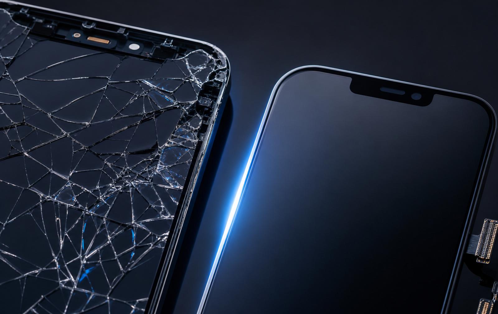 Macro comparison of a shattered OLED panel beside a pristine premium replacement panel
