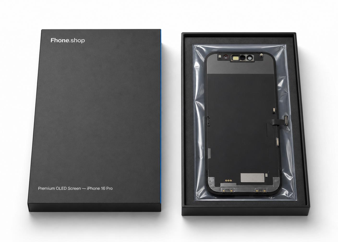 Fhone.shop matte charcoal screen box next to an opened box with an anti-static packed screen assembly